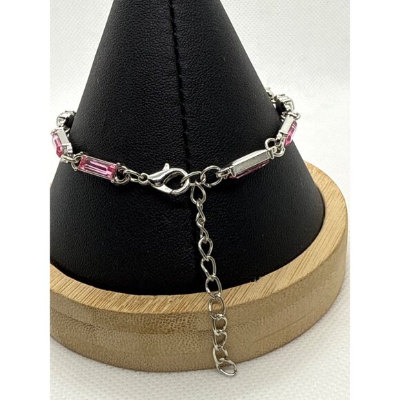 Silver & Pink Rhinestone Bracelet With Heart Charm & Lobster Clasp  Adjustable - Picture 4 of 4